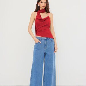 Cider Halter Neckline Ruched Cami Top With Scarf Red Size L